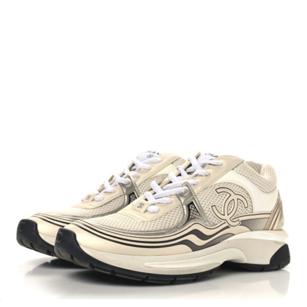 CHANEL Cream White Beige Mesh Logo Sneakers